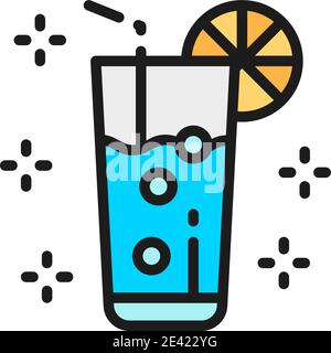 Lemonade, glass with drink, mojito, alcohol flat color line icon. Stock Vector