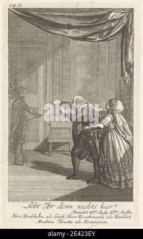 Print made by Daniel Nikolaus Chodowieki, German, 1726â€“1801, German, Seht Ihr denn nichts hier: 'Hamlet,' Act IV, Scene II, 1778. Etching on medium, slightly textured, gray laid paper.   actors , actress , cloak , columns , drapery , fancy dress , feathers , gesturing , hair , Hamlet, play by William Shakespeare , hat , holding , illustration , literary theme , play , plays by William Shakespeare , pointing , ruff , sword. Shakespeare, William (1564â€“1616), playwright and poet Hamlet, Prince of Denmark Stock Photo
