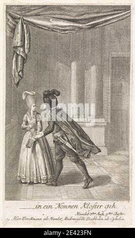 Print made by Daniel Nikolaus Chodowieki, German, 1726â€“1801, German, ...in ein Nonnen Kloster geh: 'Hamlet,' Act III, Scene IX, 1778. Etching on medium, slightly textured, gray laid paper.   actor , actress , book , cloak , columns , drapery , dress , fancy dress , feathers , hair , Hamlet, play by William Shakespeare , hat , illustration , literary theme , plays by William Shakespeare , sword. Ophelia (character in Hamlet) Hamlet, Prince of Denmark Shakespeare, William (1564â€“1616), playwright and poet Stock Photo