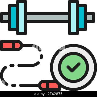 Jump rope with dumbbell, sport, charging flat color line icon. Stock Vector