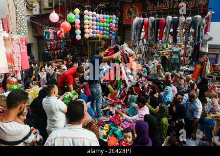 EGYPT, Cairo, bazaar Khan el-Khalili in old town, sale of cheap textiles / AEGYPTEN, Kairo, Basar Khan el-Khalili in der Altstadt, Verkauf billiger Textilien Stock Photo