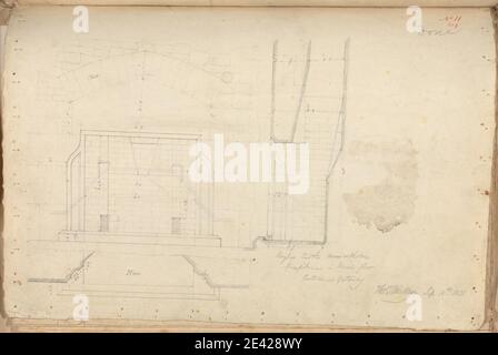 unknown artist, (TL Walker), Raglan Castle, Monmouthshire, Wales: Elevation, Section and Plan of Fireplace in First Floor Entrance Gateway, 1831. Graphite and pen and pink ink on moderately thick, slightly textured, cream wove paper.   architectural subject , castle , fireplaces , Gothic (Medieval) , plans (drawings) , sections. Monmouthshire , Raglan Castle Stock Photo