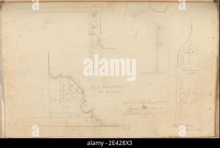 unknown artist, (TL Walker), Raglan Castle, Monmouthshire, Wales: Elevation and Section of Fireplace in Ante Room, 1831. Graphite and pen and red ink on moderately thick, slightly textured, cream wove paper.   anterooms , architectural subject , castle , elevations (drawings) , fireplaces , Gothic (Medieval) , jambs , plans (drawings) , tracery. Monmouthshire , Raglan Castle Stock Photo