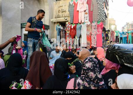 EGYPT, Cairo, bazaar Khan el-Khalili in old town, sale of cheap textiles / AEGYPTEN, Kairo, Basar Khan el-Khalili in der Altstadt, Verkauf billiger Textilien Stock Photo