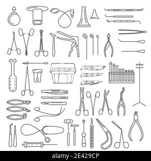 Medical instruments thin linear icon set. Gynecology, otorhinolaryngology, dentistry, surgery, therapy and other. Vector illustration Stock Vector