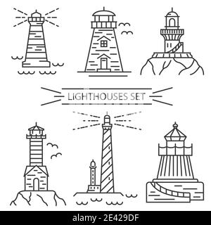 Some species of lighthouses. Thin line vector icon set. Illustration Stock Vector