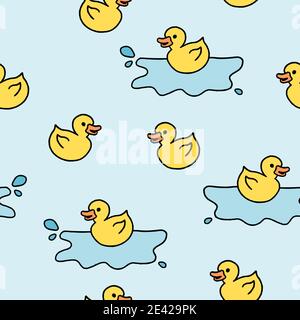 Yellow rubber ducky bath toy. Doodle style seamless texture. Stock Vector