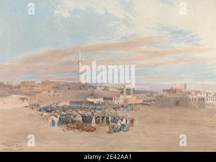 William Paton Burton, 1828â€“1883, British, The Market Place, Tanta, Egypt, 1874. Watercolor, with pen in gray ink, black ink, brown ink, blue ink and graphite on moderately thick, moderately textured, cream, wove paper.   camels , cityscape , desert , landscape , livestock , minaret. Africa , Egypt , Misr , Tanta Stock Photo