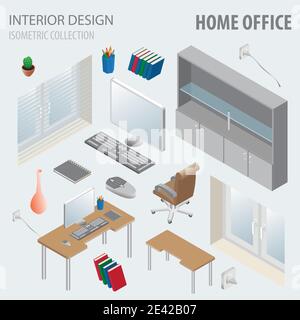 3d isometry interior design collection. Home office. Vector illustration Stock Vector