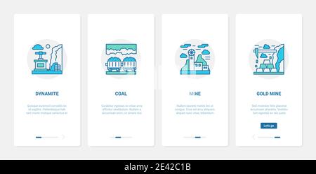 Coal gold mining industry vector illustration. UX, UI onboarding mobile app page screen set with line mine, industrial extraction of minerals in underground quarry, golden bars dynamite symbols Stock Vector