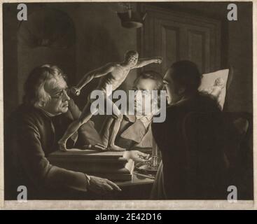 William Pether, ca. 1738â€“1821, British, Three Persons viewing the Gladiator by Candlelight, 1769. Mezzotint. Stock Photo