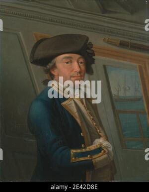 Dominic Serres RA, 1722â€“1793, French, active in Britain (from the 1750s), Captain William Locker, 1769. Oil on canvas.   cabin (vehicle space) , captain (military officer) , cravat , engageantes , frigate , hat , man , marine art , navy , officer (military officer) , portrait , ruffle , sailing , sea , ship , tricorne , uniform , water , window