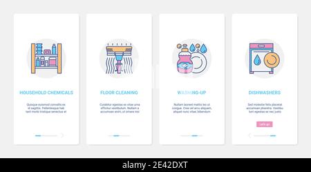 Household service products, cleaning equipment vector illustration. UX, UI onboarding mobile app page screen set with line housework chemicals mop tools to clean home, dishwasher cleaner symbols Stock Vector