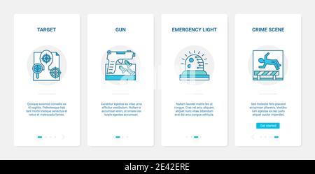 Crime law concept vector illustration. UX, UI onboarding mobile app page screen set with line target of criminal weapon gun and bullets, criminal scene with human body, emergency light abstract symbol Stock Vector