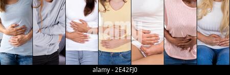 Woman Period Or Menopause. Stomach Pain Collage Stock Photo