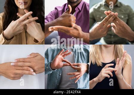 Adults Learning Sign Language For Deaf Disabled Collage Stock Photo