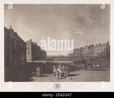 Robert Pollard, 1755–1838, British, View of Queen Square, 1789. Etching and aquatint on moderately thick, moderately textured, cream, laid paper.   apron , architectural subject , barrels , beggar , boy , breeches (trousers) , buildings , carriage , carrying , cart , children , cityscape , clock tower , couple , dogs (animals) , fashion , fences , flower basket , flowers (plants) , genre subject , gown , hats , hills , horses (animals) , lampposts , men , merchant , nobility , peasants , queen (person) , square , statue , streets , tailcoats , tricornes , vendor , wagon , walking , weathervane Stock Photo