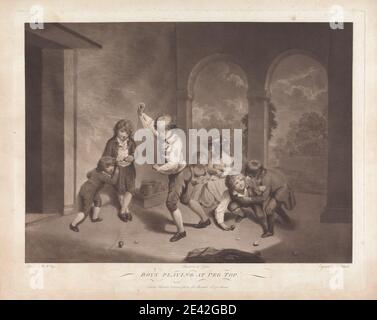 Print made by Robert Pollard, 1755â€“1838, British, Boys Playing at Peg Top, 1786. Line engraving, etching, and aquatint on medium, moderately textured, cream laid paper. Stock Photo