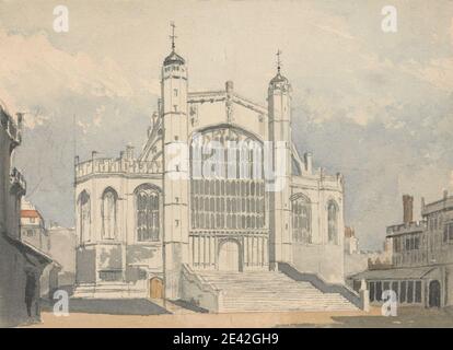 George Sidney Shepherd, 1784â€“1862, British, St. George's Chapel, Windsor, Berks, undated. Watercolor and graphite on medium, smooth, cream wove paper.   arches , architectural subject , buttresses , castle , chapel , courtyard , crenelations , Gothic chapels , stairs , steps , towers , weather vanes , windows. Berkshire , England , United Kingdom , Windsor , Windsor and Maidenhead , Windsor Castle Stock Photo