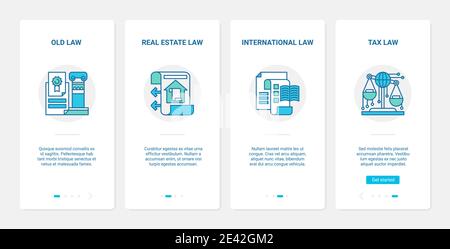 Legal law vector illustration. UX, UI onboarding mobile app page screen set with line old law, real estate property contract or international law, financial tax form optimization abstract symbols Stock Vector