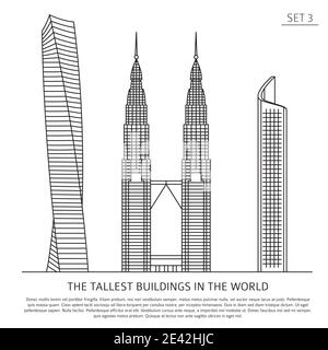 The tallest buildings in the world. Skyscrapers simple line icon set ...