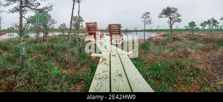 Panoramic view of the Great Kemeri bog in the Kemeri National Park near Jurmala, Latvia. Empty wooden chairs where you can relax and enjoy view Stock Photo