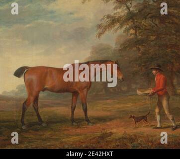 George Garrard, 1760â€“1826, British, A Bay Horse Approached by a Stable-Lad with Food and a Halter, 1789. Oil on canvas.   animal art , boy , breeches , buckles , child , clouds , collar , dog (animal) , hills , ring , stockings , trees Stock Photo