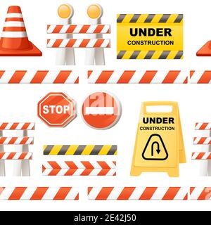 Seamless pattern of different Under construction sign with red ribbon and red cone vector illustration on white background Stock Vector