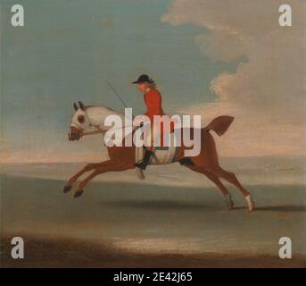 Attributed to James Seymour, 1702â€“1752, British, One of Four Portraits of Horses - a Chestnut Racehorse Exercised by a Trainer in a Red Coat: galloping to the left, the horse wearing white sweat covers on head, neck and body, ca. 1730. Oil on canvas.   breeches , bridle , equestrian , jockey , race (event) , riding boots , saddle , sporting art , trainer , whip Stock Photo