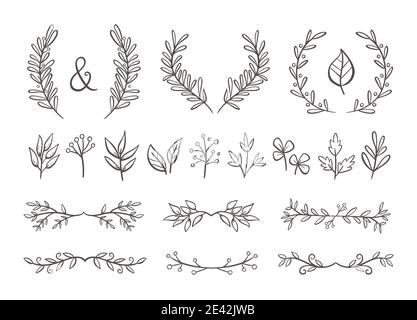 Floral ornament set. Hand drawn wreaths and text dividers made of branches with leaves and berries. Isolated on white background. Perfect for invitati Stock Vector