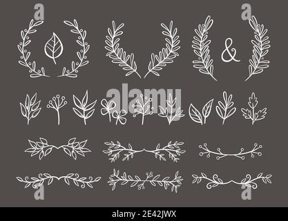 Floral ornament set. Wreaths and text dividers made of branches with leaves and berries. Perfect for invitation cards and page decoration. Vector illu Stock Vector