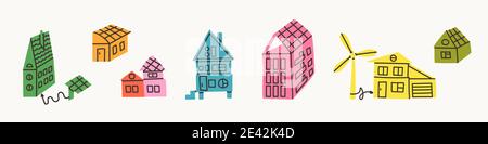 Set of ecological houses. Energy that is generated by solar panels and wind turbines. Eco buildings vector illustration. Stock Vector