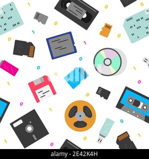 Media data storage devices evolution. Colour flat vector seamless pattern. Illustration Stock Vector