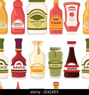 Seamless pattern of different sauces in glass bottles mayonnaise ketchup wasabi mustard vector illustration on white background Stock Vector