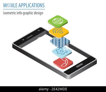 Mobile applications technology isometric collection. Software development and installation. Vector illustration Stock Vector