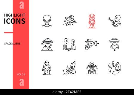 Space aliens - line design style icons set. Fiction elements, fantasy, cosmic adventure idea. Ufo, technologies, extra-terrestrial civilization, conta Stock Vector