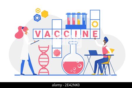 Vaccine crossword vector illustration. Cartoon doctor people team working next to crossword puzzle with vaccine word, medical researchers in masks studying vaccination against virus isolated on white Stock Vector