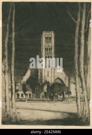 Sir David Young Cameron, 1865â€“1945, British, Belgian Set: Damme [No. 5], 1907. Etching and drypoint.   arches , buildings , chimneys (architectural elements) , church , church tower , cow , fences , gables , man , shadows , trees , trunks , turret , windows , women. Belgium , Church of our Lady , Damme , Europe , Flanders , West Flanders Stock Photo