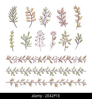 Bundle of branches with leaves and berries. Hand drawn colorful decorative elements isolated on white background. Perfect for invitations, greeting ca Stock Vector