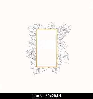 Monstera and Fern Tropical Leaves Blank Banner or Label Template. Abstract Foliage with Rectangle Golden Frame. Good for Wedding or Party Invitation Stock Vector