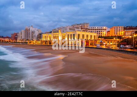 Casino on the beach of Biarritz in the Basque Country in New Aquitaine, at sunset, France Stock Photo