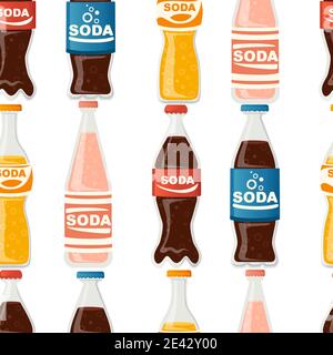 Soda bottles seamless pattern with label glass bottles with different types of soda non alcohol drink vector illustration on white background Stock Vector