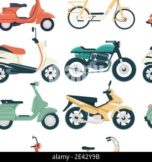 Seamless pattern of scooter and bikes small city dual wheel transport for personal use or courier flat vector illustration Stock Vector