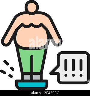 Fat man on scales, weight control flat color line icon. Stock Vector