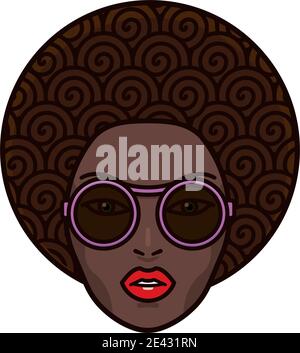 Curly hair beautiful african woman face with purple sunglasses and red lips isolated  vector illustration for Afro Day on September 15 Stock Vector