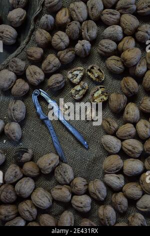 Dried walnuts in shell and and walnuts cracker on gunny sack Stock Photo