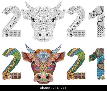 Hand drawn zentangle bull number 2021 for t-shirt and other decorations. Color and outline set Stock Vector