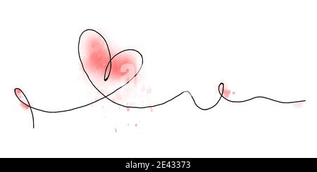Hand drawn heart with black outline and watercolor red stain isolated on white background. Continuous line in form of heart. One line drawing. Templat Stock Vector