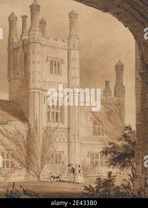 Joseph Nash, 1808â€“1878, British, The Tower of the Manor House, East Barsham, Norfolk, undated. Brown wash and graphite with pen and brown ink on medium, slightly textured, cream wove paper.   architectural subject , Architecture--Tudor , brick , brickwork , dog (animal) , Elizabethan architecture , manor houses , peacocks (birds) , people , spires , tower (building division) , trees , Tudor. England , Europe , Norfolk , United Kingdom Stock Photo