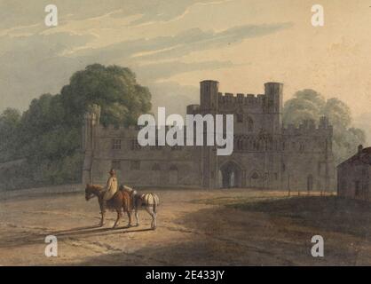 Henry Morton, ca. 1807–1825, British, Gateway to Battle Abbey, after 1819. Watercolor and graphite with pen and black ink on medium, slightly textured, cream wove paper.   abbey , arches , architectural subject , archway , battlements , crenelations , doors , fences , gate , gateway , Gothic architecture , harnesses , High Gothic , horses (animals) , house , lancet arches , loopholes , mullions , ramparts , ruins , stonework , towers (building divisions) , tracery , trees , turrets (towers) , walls , walls, defensive , windows. Battle , Battle Abbey , East Sussex , England , Europe , Rother , Stock Photo